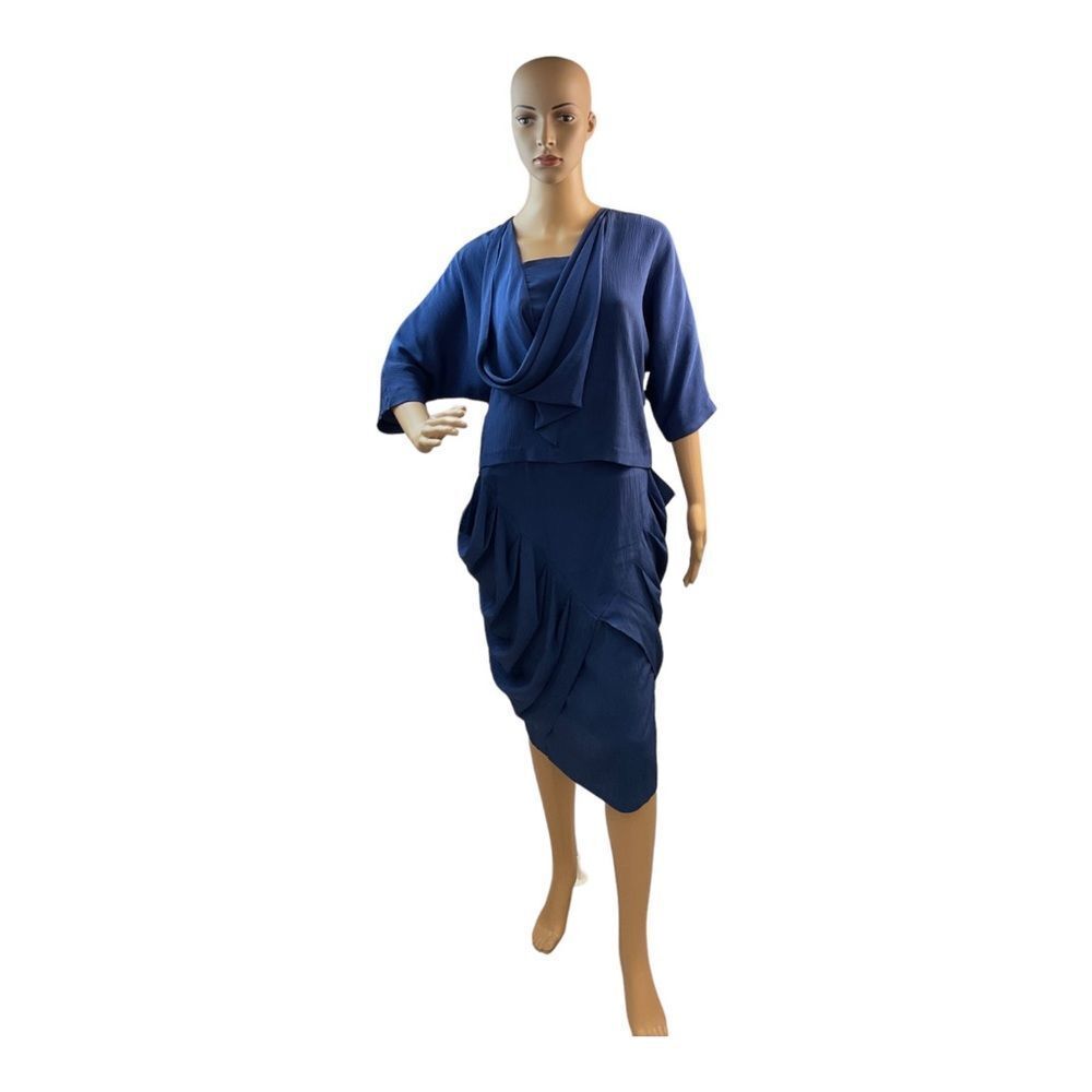 Women’s Vintage Navy Blue Blouse And Skirt crepe Draped Set Suit Size M.